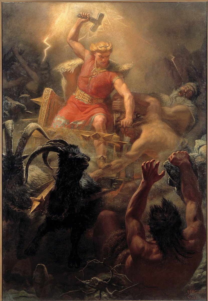 La esvástica Nazi representa la fuerza divina en un sentido destructivo. Que en la mitología nordica, vendría siendo el martillo descendente de Thor, así lo retrató el pintor Mårten Eskil Winge en 1872.