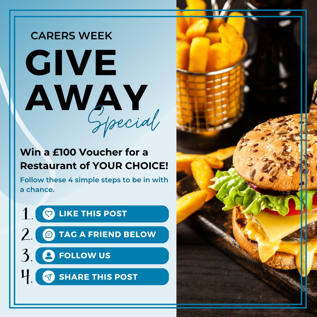 ⭐GIVEAWAY ENDING TONIGHT⭐

We are giving away a £100 voucher for a restaurant of your choice! 💙

The giveaway ends TONIGHT at 11:59 pm (BST)! The winner will be announced on 19th June, so don't delay, enter now!📆

#Giveaway #Win #CarersWeek2023