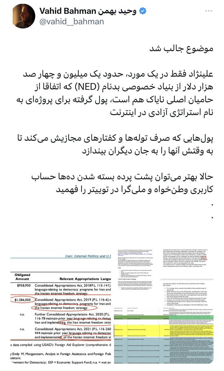 چند وقت پیش سندی ارائه شد که موسسه NED یک میلیون و سیصد هزار دلار به یک شخص که به دلیل امنیت نامش افشا نشد در جهت اینترنت برای ایران کمک مالی کرده .
افراد زیادی اعلام کردند که این فاند توسط مسیح علینژاد گرفته شده .
اما آقای اسماعیل پور افشا کرد که در این فاند همکاری داشته .