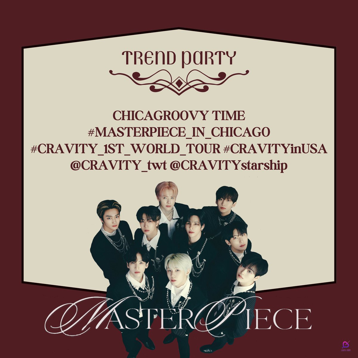 🎉 TREND PARTY 🎉

Time for Chicago luvity to experience the rush as CRAVITY takes Masterpiece to Copernicus Center! Let's continue party rockin' and drop tags!

CHICAGROOVY TIME
#MASTERPIECE_IN_CHICAGO
#CRAVITY_1ST_WORLD_TOUR #CRAVITYinUSA 
@CRAVITY_twt @CRAVITYstarship