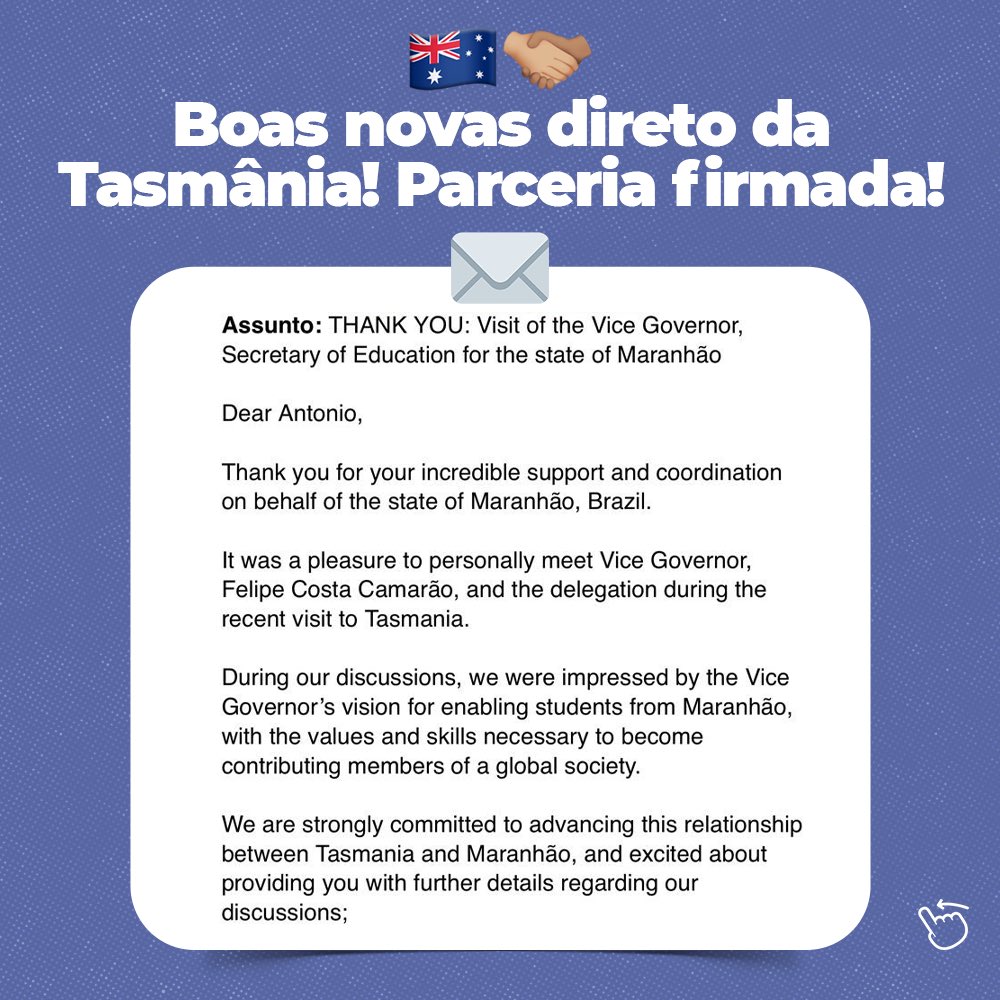 Ainda nem pousamos no 🇧🇷 e já trago boas notícias da Tasmânia. Nesta semana a delegação da missão Oceania recebeu esse e-mail e fiquei muito feliz e grato em saber que os australianos estão dispostos a estreitar laços e ações entre o MA e a Tasmânia. Esse foi só um 1º passo!