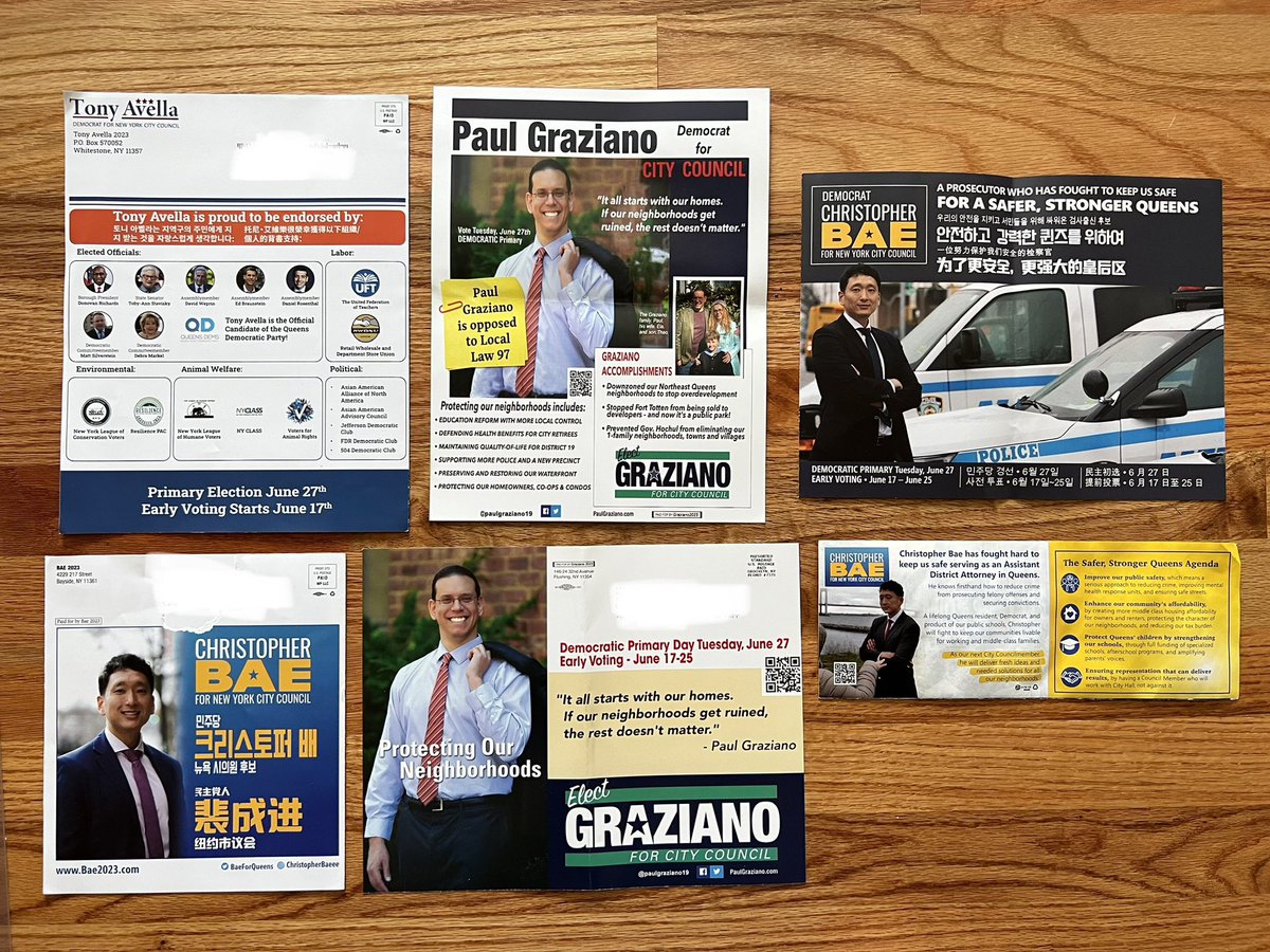ycinnewyork's tweet photo. This is what I received in the past week as a Dem in D19 Qns. Expecting more this week for sure. Got more pieces from @BaeforQueens cuz I’m Asian (?) @TonyAvella @PaulGraziano19 will be on the Nov ballots no matter what happens on June 27. #RaceToWatch #GoVote https://t.co/gvwZRd39Bq
