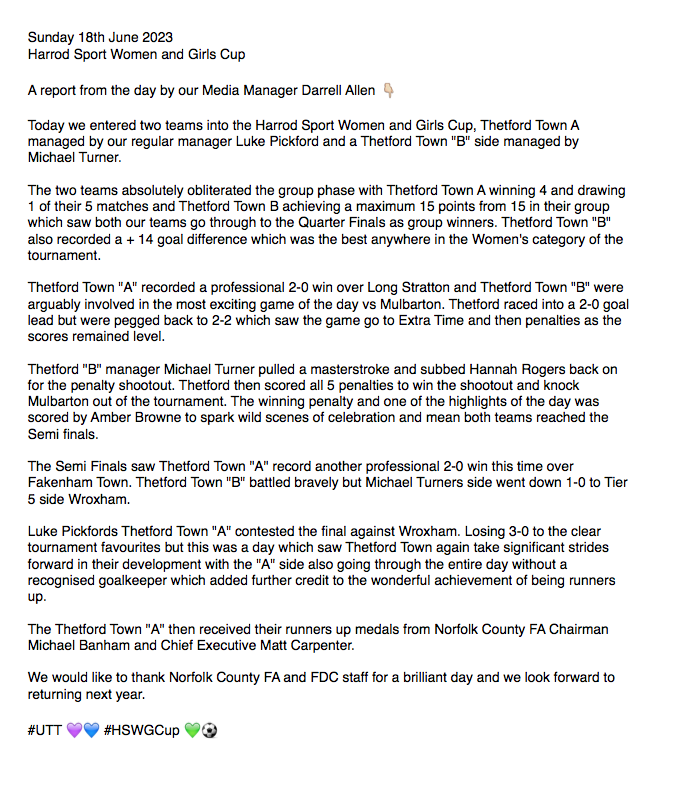 Here is a report written by our Media Manager @DarrellAllen94 from our day @theFDCNorfolk for the @HarrodSport Women and Girls Cup which saw us finish runners up of the tournament 👇

Thanks as always to our sponsors @BeezLeisure and all our supporters 🙏

#UTT 💜💙 #HSWGcup 💚⚽️