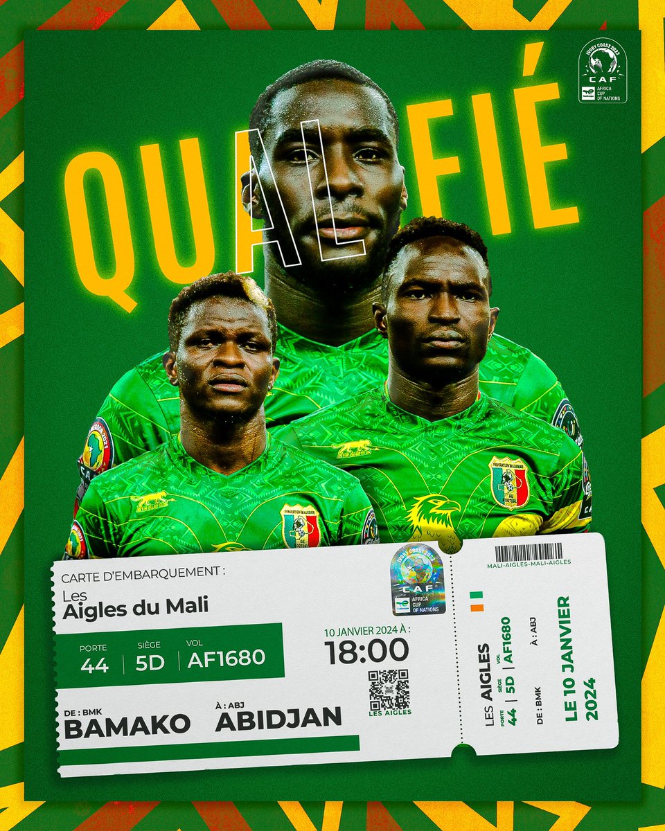 CÔTE D’IVOIRE 🇨🇮 ?! ON ARRIVE ‼️

Pour la première fois de notre histoire les aigles se sont imposés à Brazzaville face au Congo 🇨🇬 

2-0 et on s’assure une place pour la CAN en terre Ivoirienne 🫡

RDV le 12 Octobre 2023 pour connaître nos adversaires de Poules 🤲🏾

JANVIER 2024