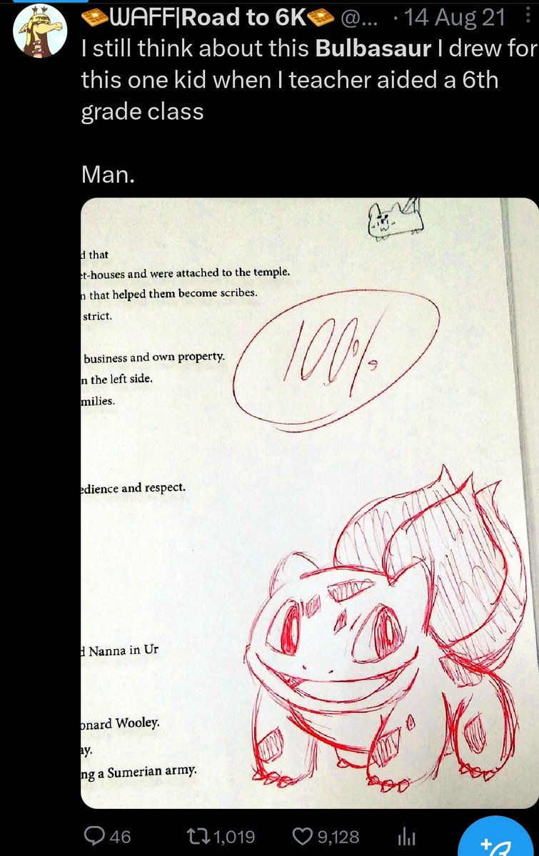 Idek anymore   But going by my art, this Bulbasaur doodle I made for a kid when I was a teacher aide (I basically graded and organized papers for volunteer hours) in HS hit around 10k  It was my first time drawing the guy too from what I can remember