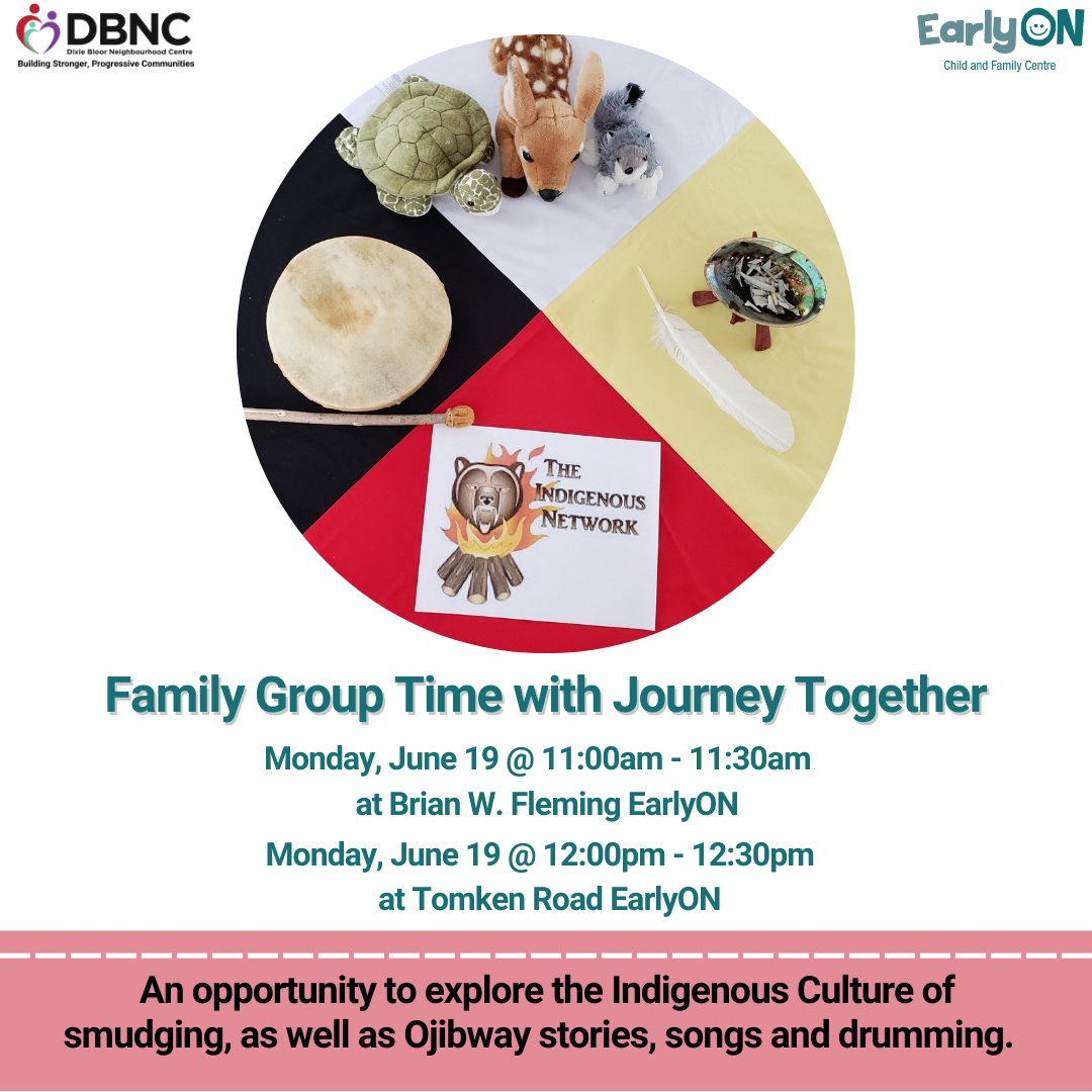 Join us on Monday, June 19  at Brian W. Fleming from 11:00am to 11:30am and Tomken Road EarlyON from 12:00pm to 12:30pm to welcome @AboriginalPeel to explore the #IndigenousCulture of smudging & Ojibway stories, songs & drumming. 
#EarlyOn #EarlyOnPeel #Diversity #myDbnc