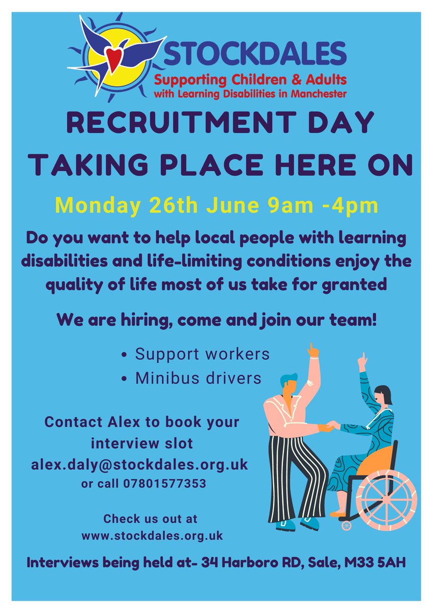 Stockdales are having a Recruitment Day! We are hiring Support workers and Minibus Drivers to join our team.
#sale #altrincham #timperley #urmston #wythenshawe #stretford #drivingjobs #jobsincare #localcharity #supportworkers #residential #learningdisability