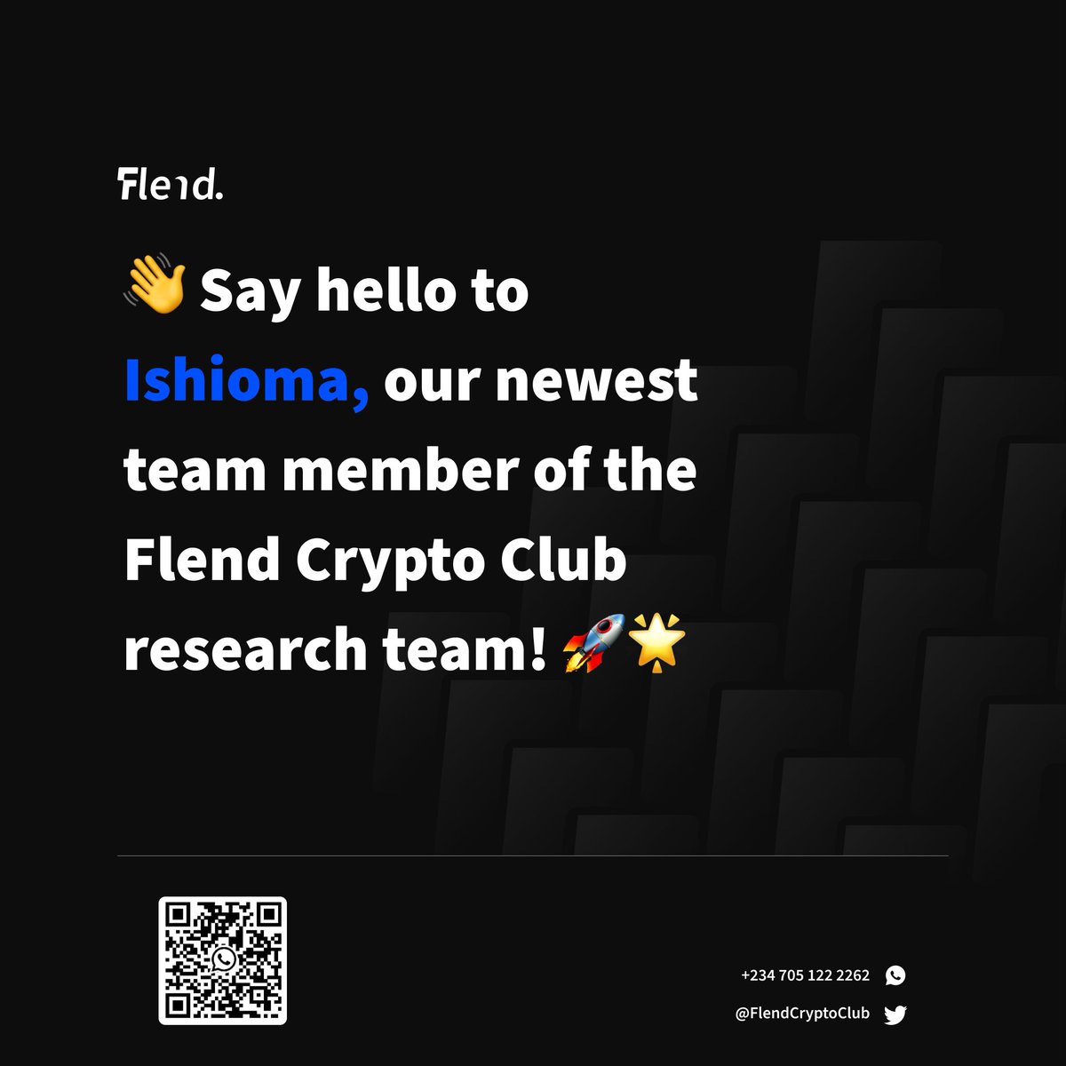 🎉 Introducing <a href="/ishiomaedem/">Oma</a> to the Flend Crypto Club Community! 🎉

👋 Join us in extending a warm welcome to Ishioma, our newest member of the Flend Crypto Club Team! 🚀

🌐 Ishioma joins us with her expertise and passion for research and we couldn't be more excited to have her