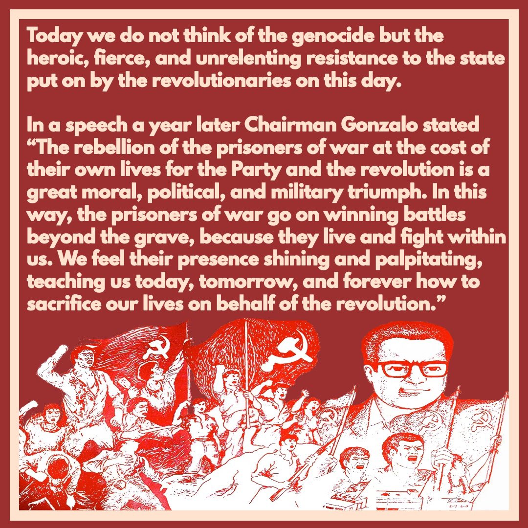 CltRevStudy's tweet image. On this day 37 years ago over 250 political prisoners at three separate prisons in Peru began their two day revolt.  

Long Live the Day of Heroism!