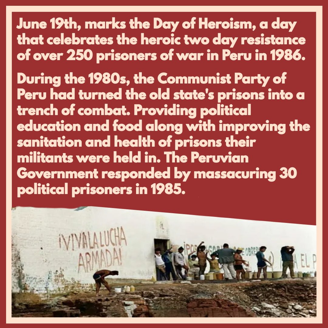 CltRevStudy's tweet image. On this day 37 years ago over 250 political prisoners at three separate prisons in Peru began their two day revolt.  

Long Live the Day of Heroism!