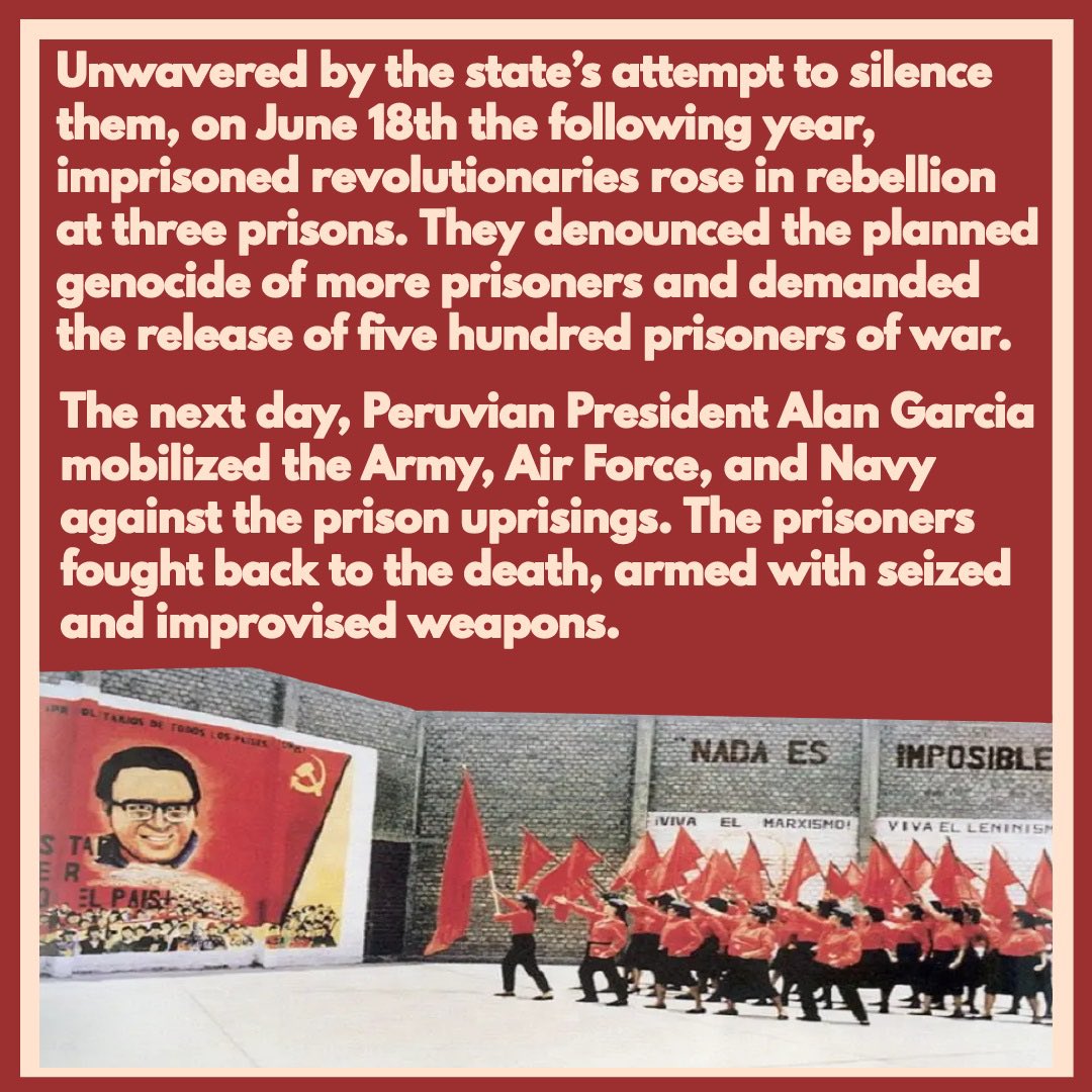 CltRevStudy's tweet image. On this day 37 years ago over 250 political prisoners at three separate prisons in Peru began their two day revolt.  

Long Live the Day of Heroism!