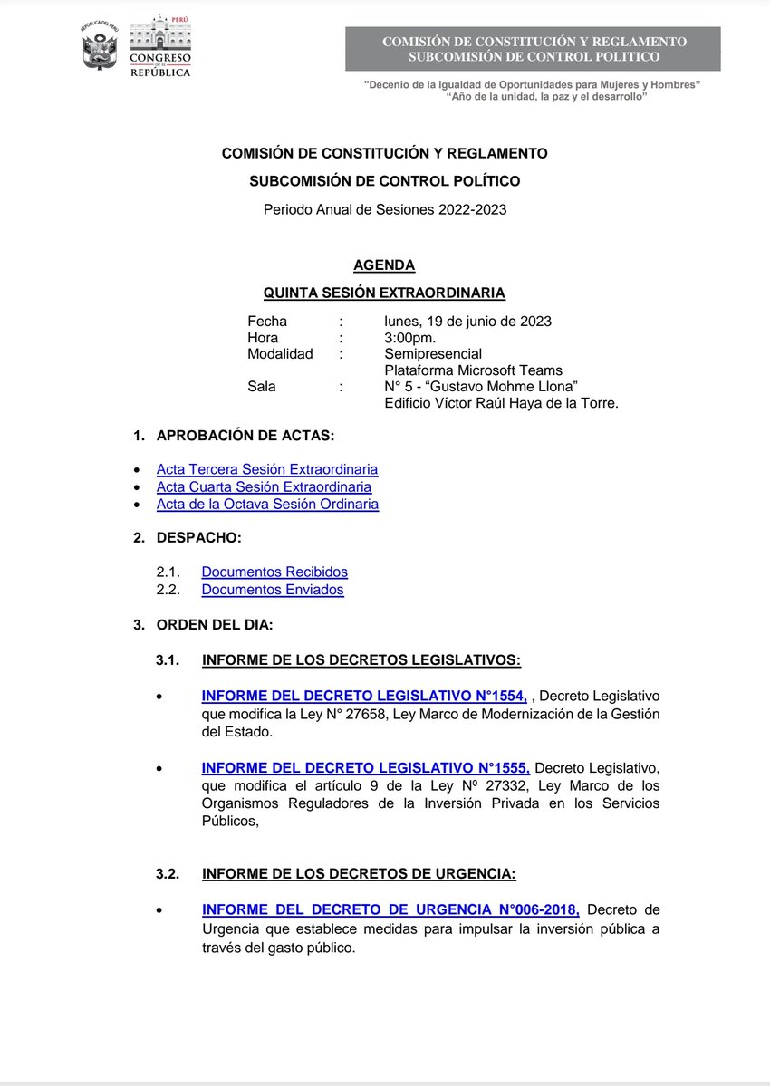 SubScp's tweet photo. 📌#AGENDA
@SubScp debatirá informes de #Constitucionalidad sobre Decretos Legislativos, Supremos, Urgencia y de Tratados Internacionales.
Lunes 19/06/2023
HORA: 3:00 PM https://t.co/M2LUxvRVZk