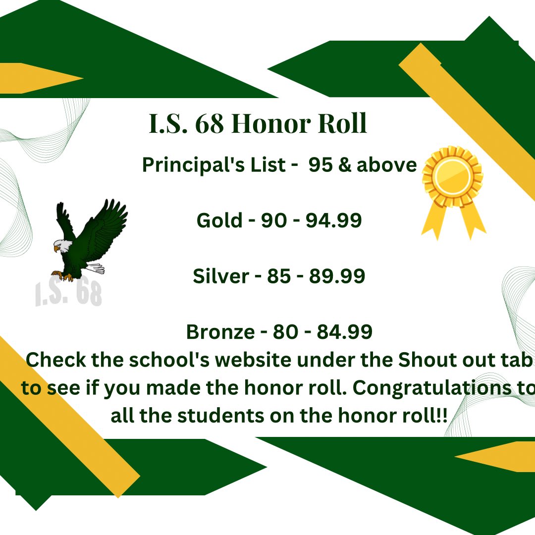 IS68Bk's tweet photo. Congratulations to all our students who made the honor roll. Check the school’s website to see if you made the honor roll https://t.co/q9vKNK4nwS
#is68 #is68honoroll #excellencein68 #is68bk #is68middleschool https://t.co/fymHTqmHma