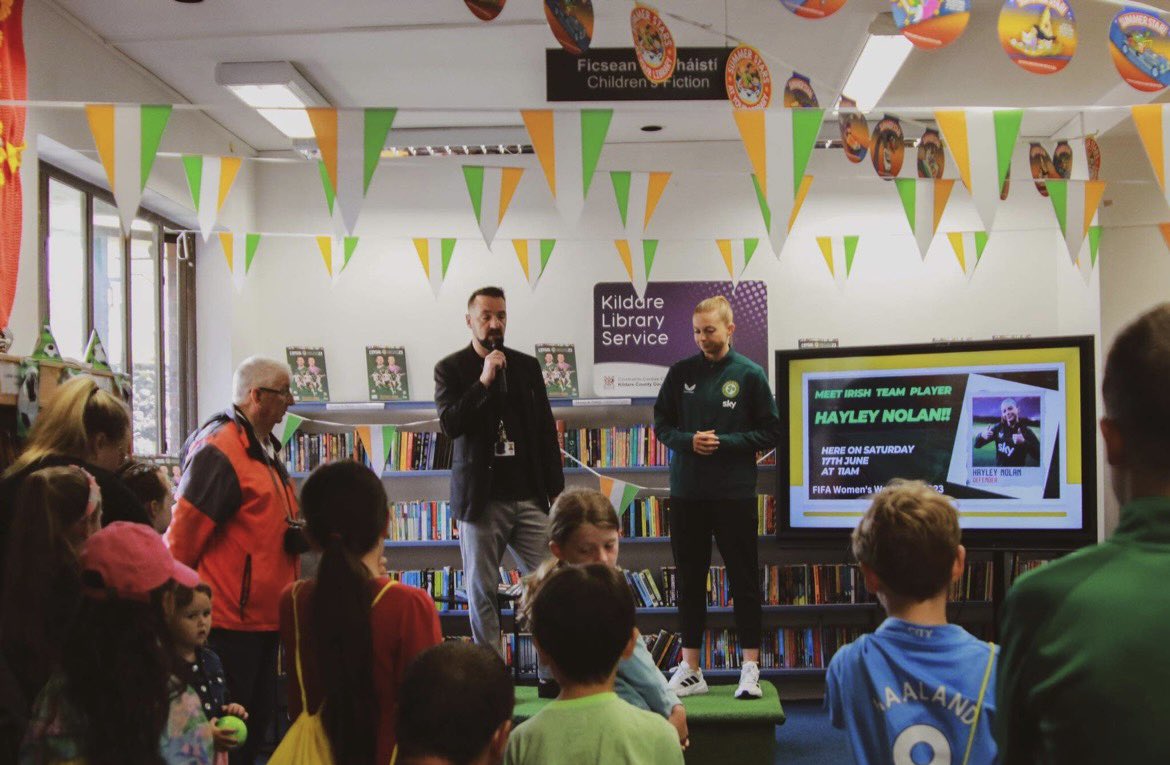 Hayley__Nolan's tweet photo. Had a great morning with @kildarelibrary chatting about the new FAI World Cup Activity Book. Thank you to Naas Library &amp; Carl Byrne for organizing this event 📚 ☘️ https://t.co/gJsRYsOew1