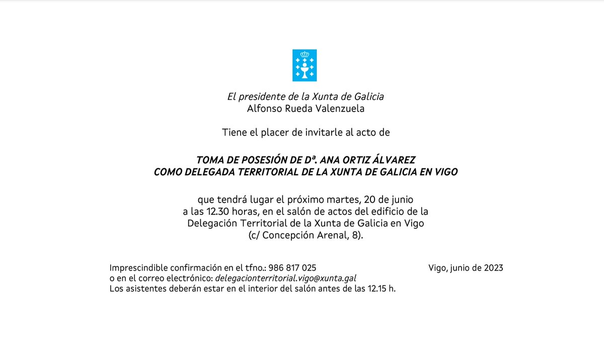 contradiscurso's tweet image. A nova Delegada Territorial da Xunta de Galiza en Vigo, Ana Ortiz, estréase no cargo desprezando o idioma oficial de Galiza (artigo 5 do Estatuto de Autonomía) cun convite con edición &quot;bilingüe&quot; que teima na secundarización da lingua galega. #QueremosGalego