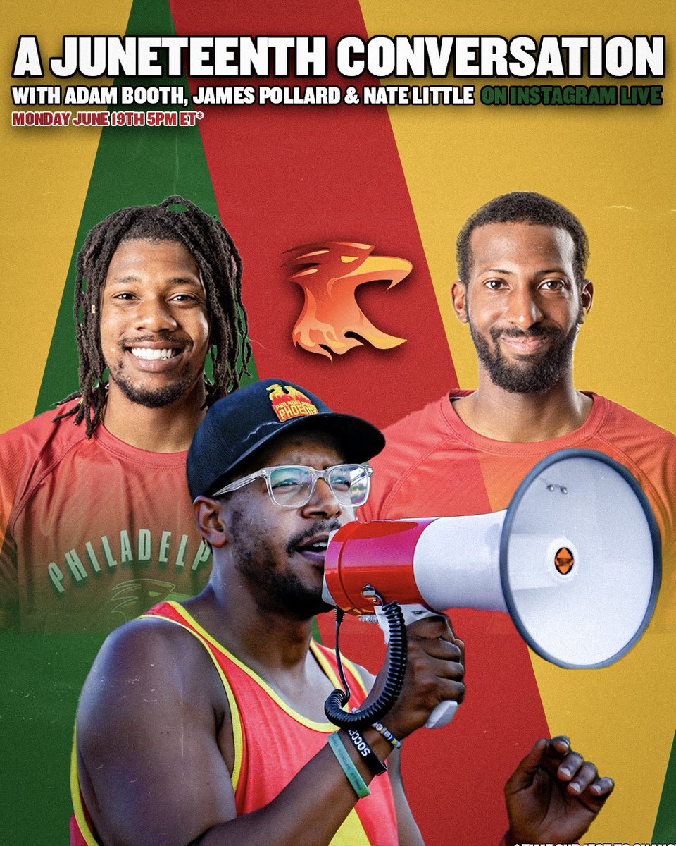 Join Adam Booth, James Pollard, and Nate Little in commemorating Juneteenth with a time of conversation, celebration, and discovery 💛💚❤️🖤 Airing live on Phoenix IG Monday // 5PM ET! 🎨: @dzn_dev #juneteenth #hotbirdsummer #phillysports