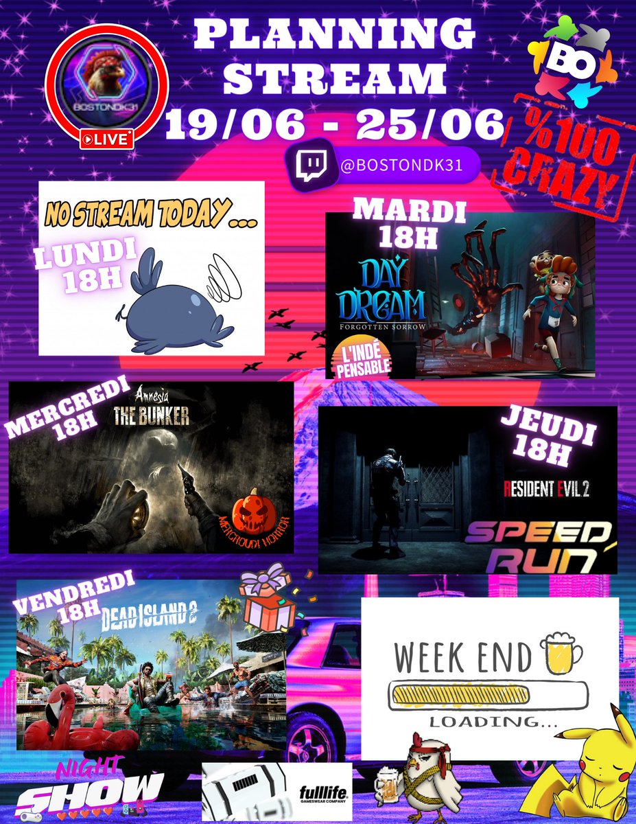 Hello les poulets, 
NEW PLANNING STREAM  Du Fun, de la rage, des délires bref rejoins nous passer un bon moments entre barjo !!! 
Twitch.tv/bostondk31 🎉
<a href="/RT4French/">FrenchRT</a> <a href="/RTtwitchFR/">RT Twitch FR</a> @RTStreamee <a href="/PetitsStreams/">SoutienPetitsStreams</a> <a href="/PtitTwitchFR/">Le P'tit Twitch FR - Bot 🚀</a> <a href="/BotStreamer/">StreamerBotFR</a>