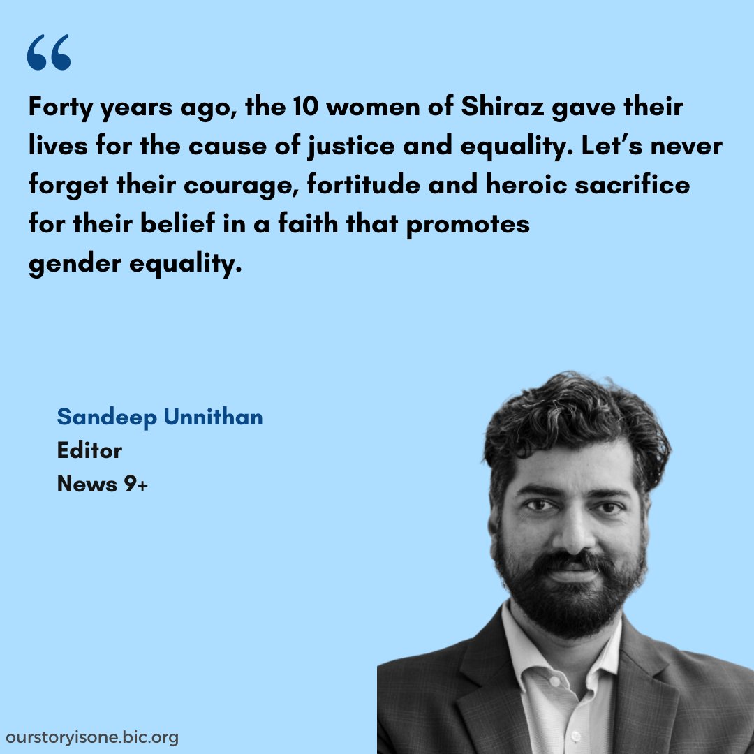 BahaiOPAIndia's tweet photo. "Forty years ago, the 10 women of Shiraz gave their lives for the cause of justice and equality. Let’s never forget their courage, fortitude and heroic sacrifice for their belief in a faith that promotes gender equality."
- Sandeep Unnithan
Editor
News 9+
#OurStoryIsOne #bahai https://t.co/IwbYWVaRU9