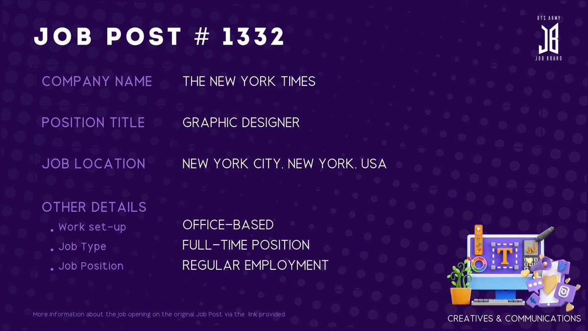 BTSARMYJobBoard's tweet photo. #BAJBUSA 
NEW YORK CITY, NEW YORK, USA

https://t.co/y7K1DSF6ec

#BAJBDesign 

ARMYs, kindly contact the job poster / hiring party directly for more information. 🤗

Good luck! 💜 https://t.co/PeJ94qdYUO