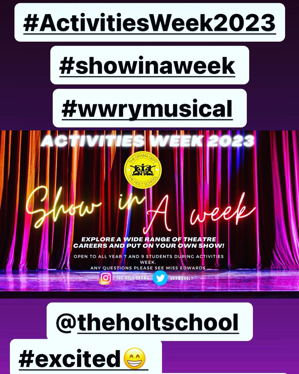 DramaHolt's tweet photo. Extremely excited for our #showinaweek @theholtschool #activitiesweek2023 we will be creating our own #theatrecompany and producing #wwryschooledition #WWRYmusical #theatrecareers #theatrematters #summertheatre #summertheatrewokingham #summerwokingham #wokinghamtheatreeducation https://t.co/dA6AekfcPh