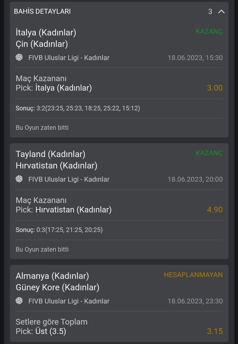 son maça kaldı VNL kupon 46 oran Tutarsa 1000 ₺ dağıtım 5 kişiye * 2 arkadaş etiket * Rt fav Bol şanslar ! t.me/sonictips