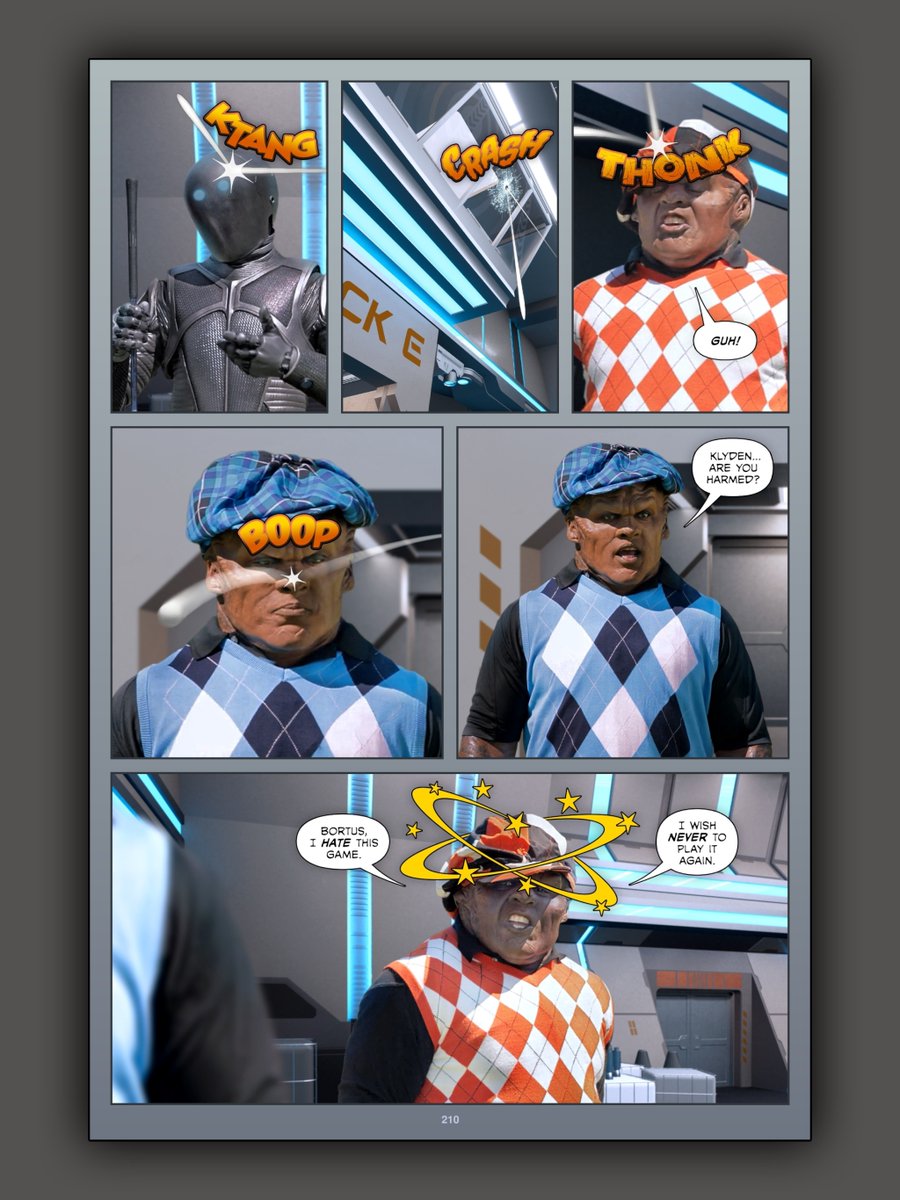 Page 210 of #TheOrvilleInked. Isaac's perfect double bullseye, traveling at mach 0.85, ricochets off the middle quantum engine with unforeseen side effects...

Read more:  fibblesnork.com/TheOrville/Ink…

#TheOrville @MarkJacksonActs @ChadLColeman #PeterMacon @MessyDeskGames @OrvilleGame
