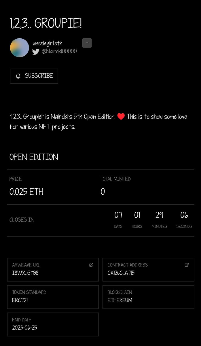 Nairobi00000's tweet photo. "1,2,3.. Groupie!"
Claiming is live for 7 days
0.025 $ETH per copy ♥️

Mint a copy here:
🔗https://t.co/f9Fix1fxGa

📸 @bigdsenpai @AnataNFT @loomdart @bywassies @uwucrewnft @miladymaker @Xinoko_ck @coolcats @nounsdao @tubbycatsnft @pudgypenguins @y00tsNFT @DiamondPepes https://t.co/nIb54fOu1q