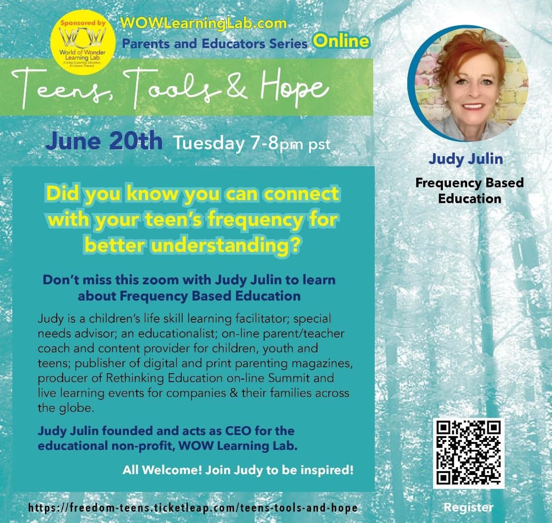 Emotions are an extraordinary expression of our energy. It's about the "vibe" or "frequency" we give off. Join us this Tuesday for another Teens, Tools and Hope speaker series featuring ME, <a href="/judy_julin/">Judy Julin</a> 

Register here:

freedom-teens.ticketleap.com/teens-tools-an…