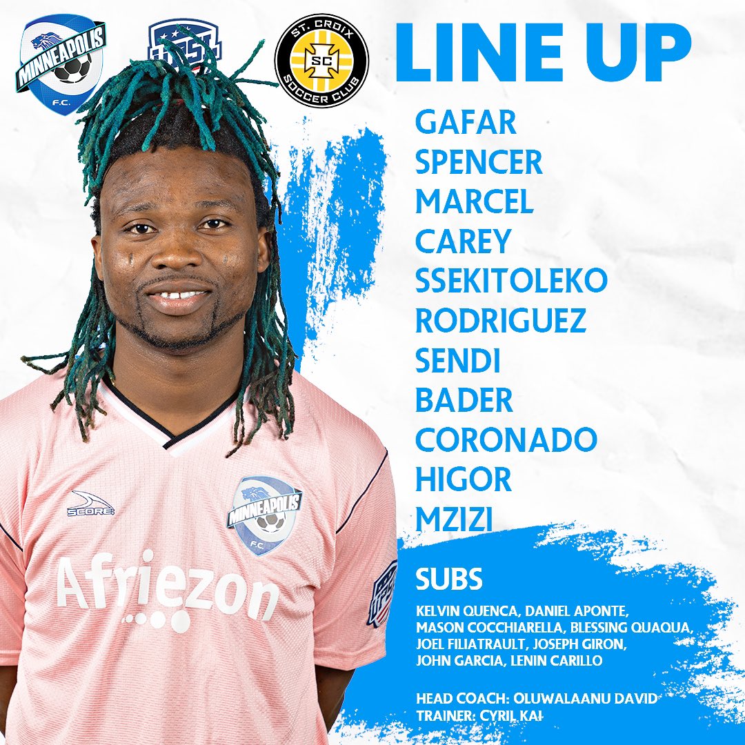 h e r e  i s  s o m e  t e a m  n e w s!
🇳🇬 Gafar Ayodele in goal
🇺🇬 Sendi Ian in midfield 
🇭🇳 Luis Rodriguez captains 
#UPSL #Soccer #minneapolis #Minnesota