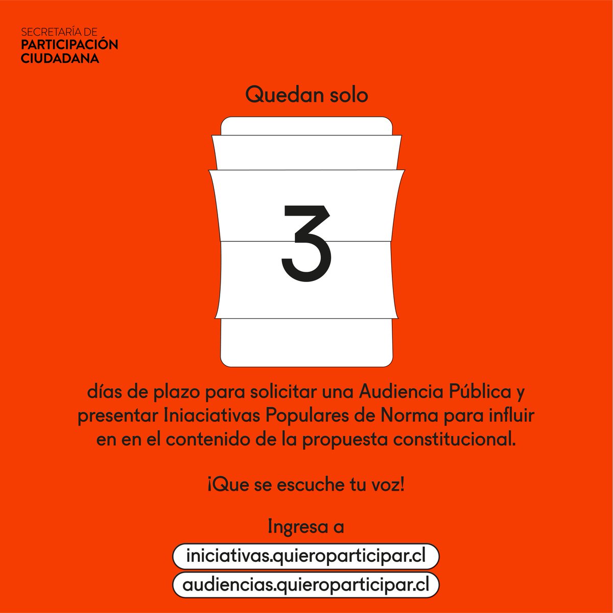 ¿Te enteraste que quedan 3 días?👀 Solicita tu Audiencia Pública en el proceso de Participación Ciudadana, e ingresa tu Iniciativa Popular de Norma con tu enmienda al anteproyecto de nueva Constitución 🙋‍♀️🙋‍♂️

Ingresa a audiencias.quieroparticipar.cl y a Iniciativas.quieroparticipar.cl