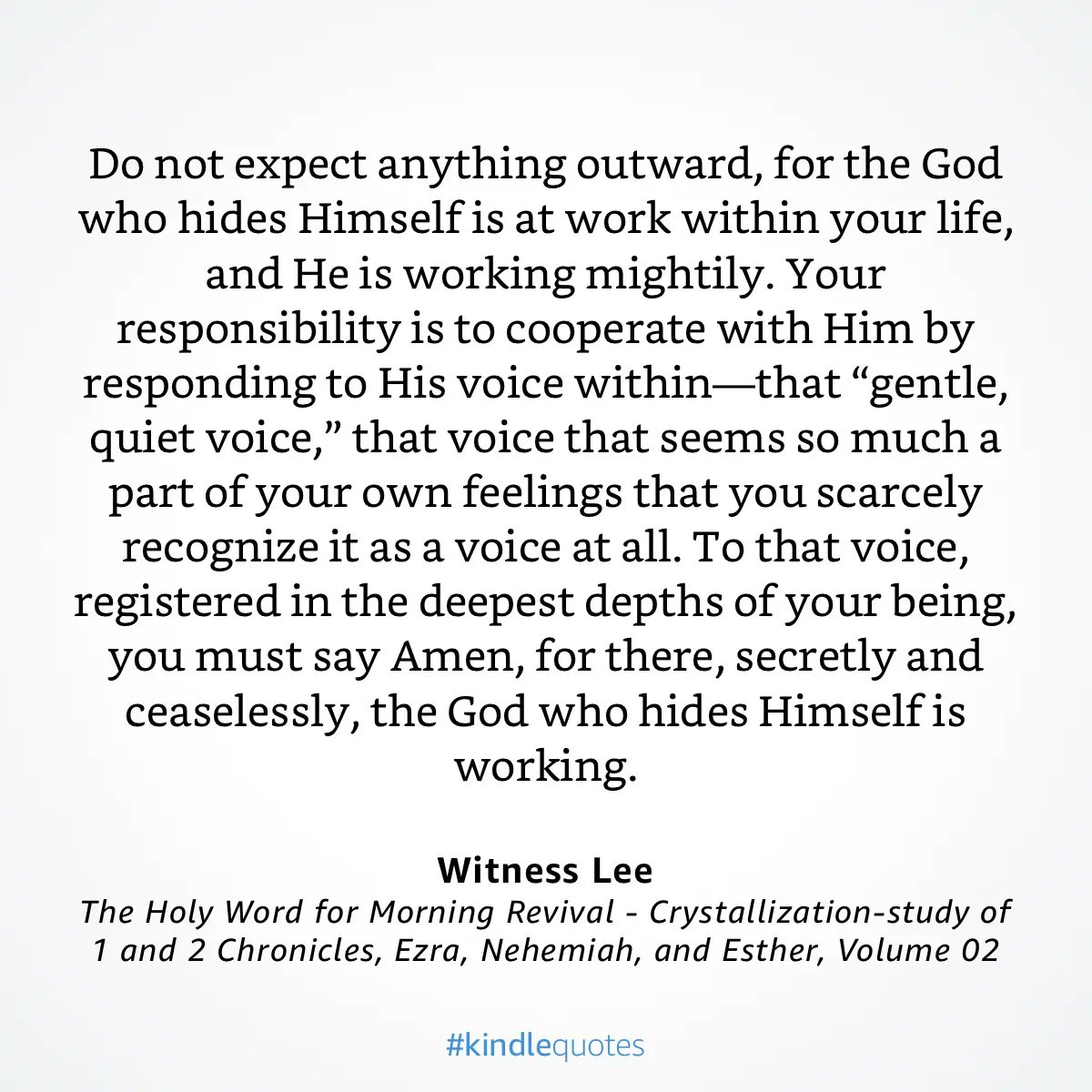 pswatson's tweet photo. Do not expect anything outward…
…Secretly and ceaselessly, the God who hides Himself is working.
@witnesslee #CSCENE m12
#GodWhoHidesHimself https://t.co/Wsv0TNleje