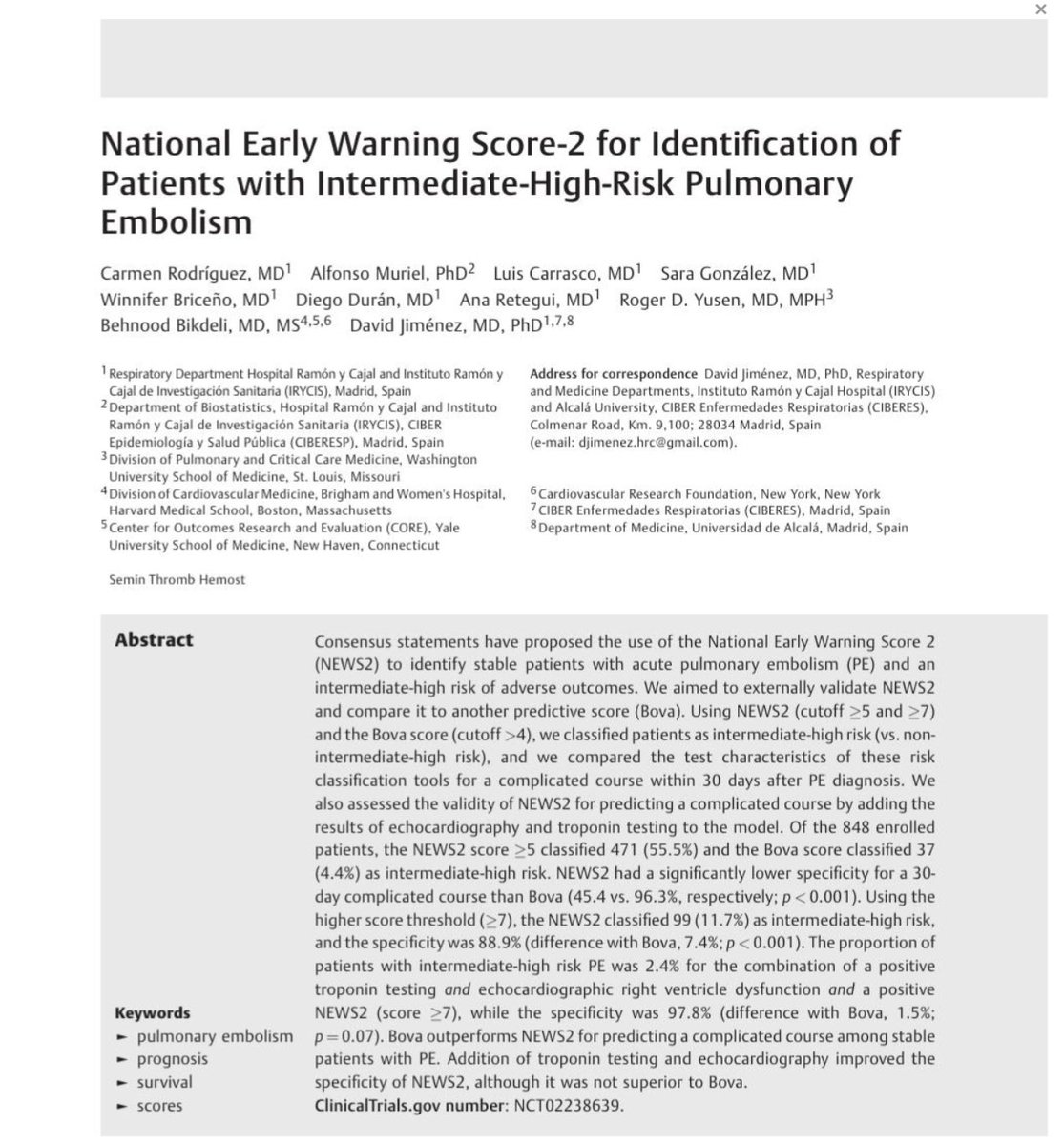 In this study, Bova score outperforms NEWS2 for predicting a complicated course among stable pts with #PE. Addition of troponin testing and TTE improved the specificity of NEWS2, although it was not superior to Bova. @SemThrombHemost @bbikdeli @DJC6998 thieme-connect.com/products/ejour…