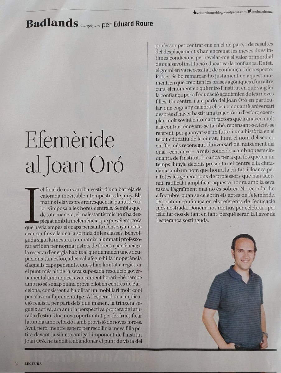 INSJoanOro's tweet photo. Avui ens fem ressò de l'article d'@eduardroure publicat al suplement Lectura del diari @SEGREcom.

Agraïm 😍 la sinceritat i confiança dipositada en la nostra comunitat educativa.

#ComunicaT🗣️ 
#ConnectaAmbLaVida🧬 
#AnyJoanOró🔭 
#50anysOró🎂 https://t.co/SNt9BQ0GTu