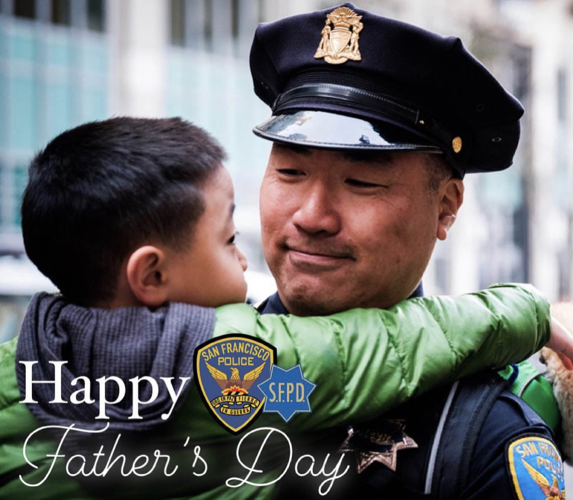 SFPD's tweet image. #HappyFathersDay to our dads serving and protecting our communities! Whether you’re police, fire, or ems - today is your day. Thank you for your dedication and sacrifice. You leave your families to protect ours. 🇺🇸
