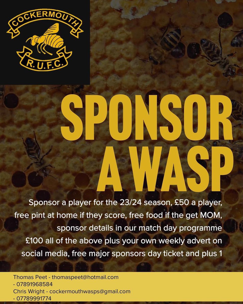 Can you help this year? 

Are you a business owner that regularly watches the wasps? 

For a small contribution you can become part of the wasps journey this season in level 6 rugby 🔥💪🏼

Any questions drop us a message 

Please share