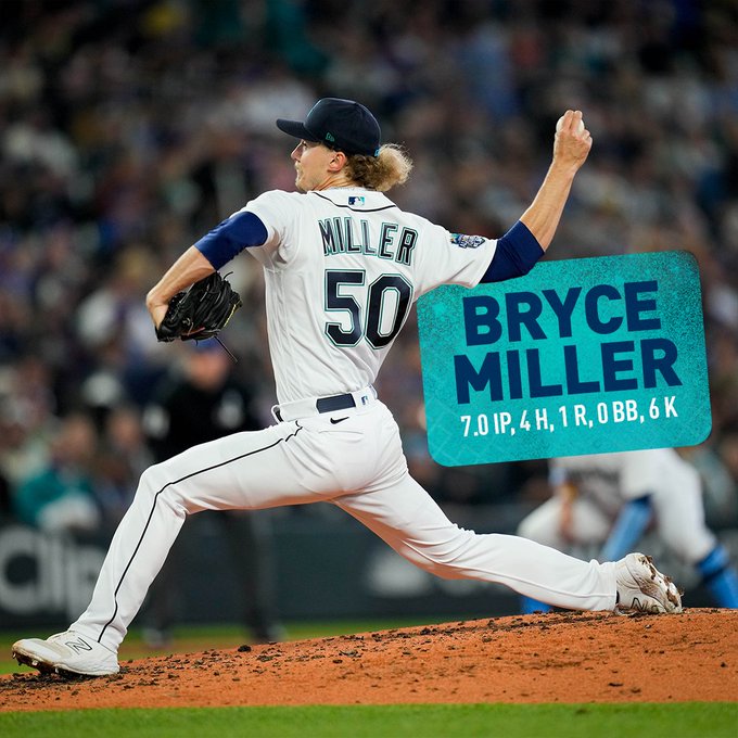 Bryce Miller's final pitching line: 7.0 IP, 4 H, 1 R, 0 BB, 6 K