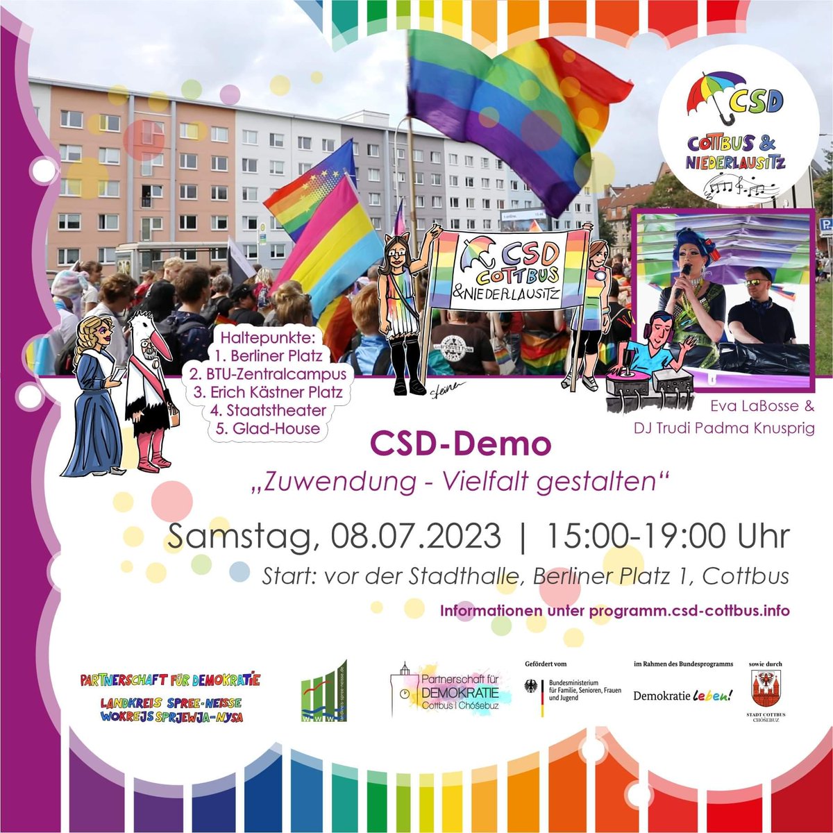 CSDCB's tweet image. 15.CSD Cottbus &amp;amp; Niederlausitz vom 26.06. bis 08.07.2023 🌈
CSD-Informationen: 2023.csd-cottbus.info
CSD-Programm: programm.csd-cottbus.info
#csdcb2023 #pfdspn #rbkcb #pfdcottbus #cottbusbleibtbunt #brandenburgbleibtbunt #queercottbus #csdcottbus2023 #steinercomix 🌈