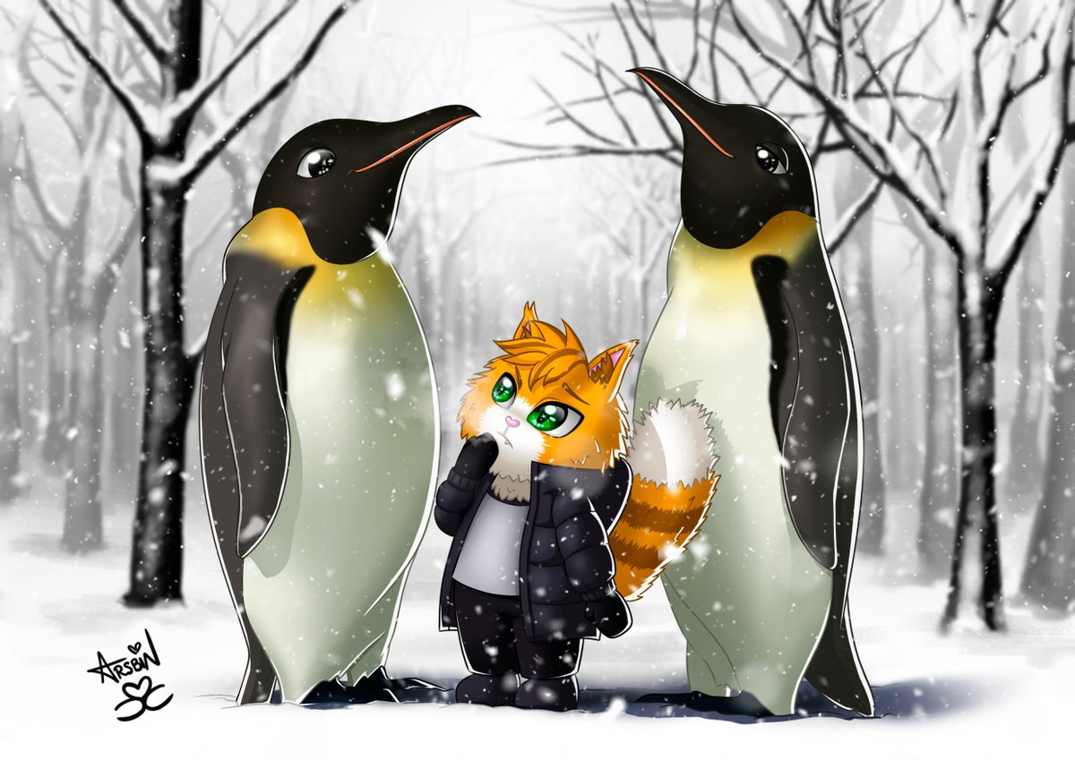 Cute c0mm for <a href="/Central_Custar/">Custy</a> ❤️

His OC Kauma as a little fluffy kid and two penguins🐱🐧🐧