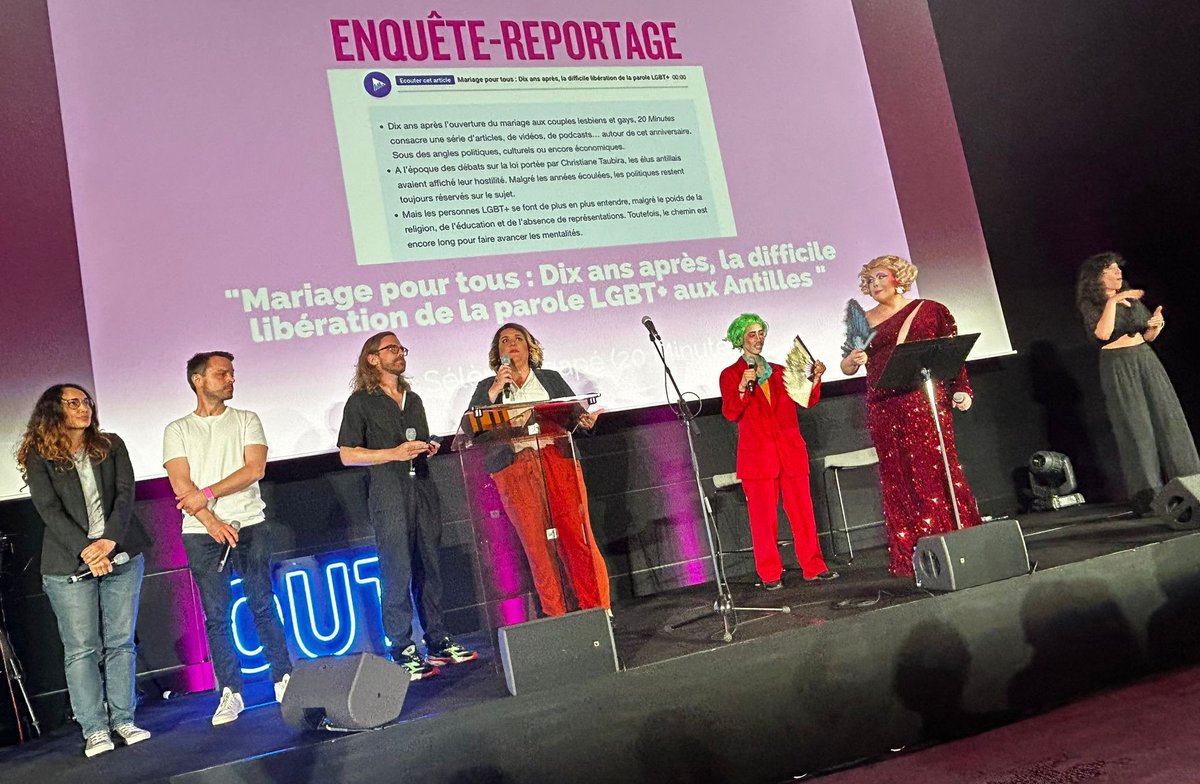 ajlgbt's tweet photo. La lauréate du prix "Enquête/Reportage" est @SeleneAgape qui a écrit, pour @20Minutes, une enquête sur les personnes LGBQTI+ aux Antilles ! @Ra_GarVal et @fabrandanne la représentent ce soir. #OUTdor2023 https://t.co/mfzJro5rah