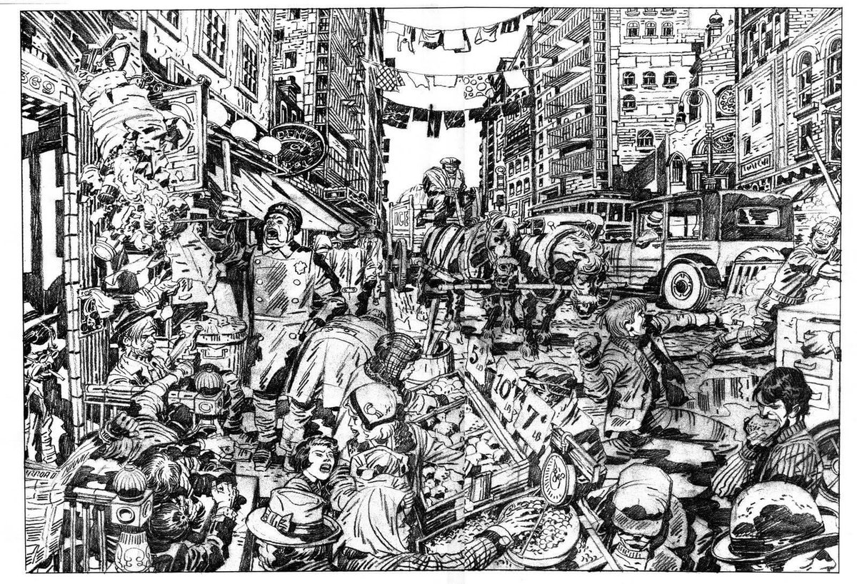 Kirby4Heroes's tweet photo. My grandfather, Jack Kirby's drawing of the lower east side neighborhood in NYC where he was born and raised. https://t.co/MvTMxam028