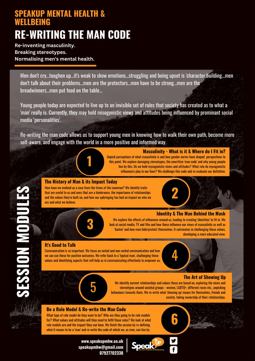 lloyd_mh's tweet image. Great to have more schools wanting our ‘Re-writing the Man Code’ programme delivered to KS3 and KS4 learners
Any questions/queries please get in touch either on here or email speakupmhw@gmail.com 
#masculinity #mancode #traditionalmasculinity #positivemasculinity #edutwitter