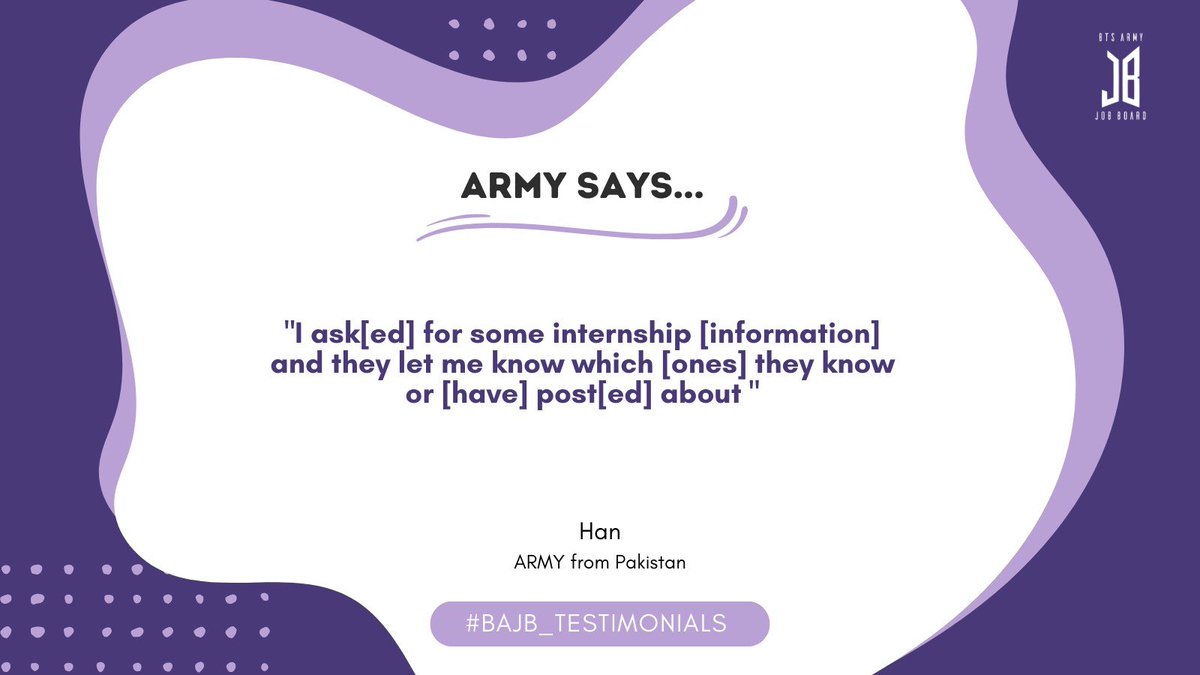 BTSARMYJobBoard's tweet photo. We always try our best to be a useful source of information for ARMYs! π₯°π
So, just reach out to us via DM whenever you need help related to job and career π
#BAJB_Testimonials https://t.co/TvhAZw0JJ8