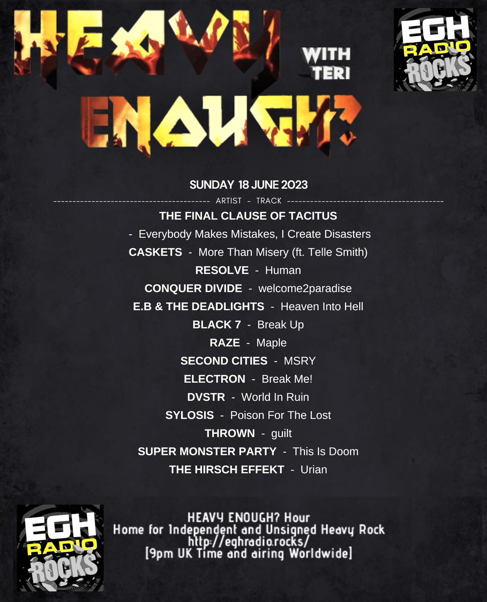 #TuneInNow 
@EGHRocks #HeavyEnough?Hour right now! #ListenHere⇒eghradio.rocks/player_stream/

#NowPlaying great new music from-
@tfcotband
@Caskets_band
@resolveoff
@conquerdivide
@DeadlightsNI
@Black7germany
#Raze 

...and more to come. Enjoy!  #NewMusicAlert