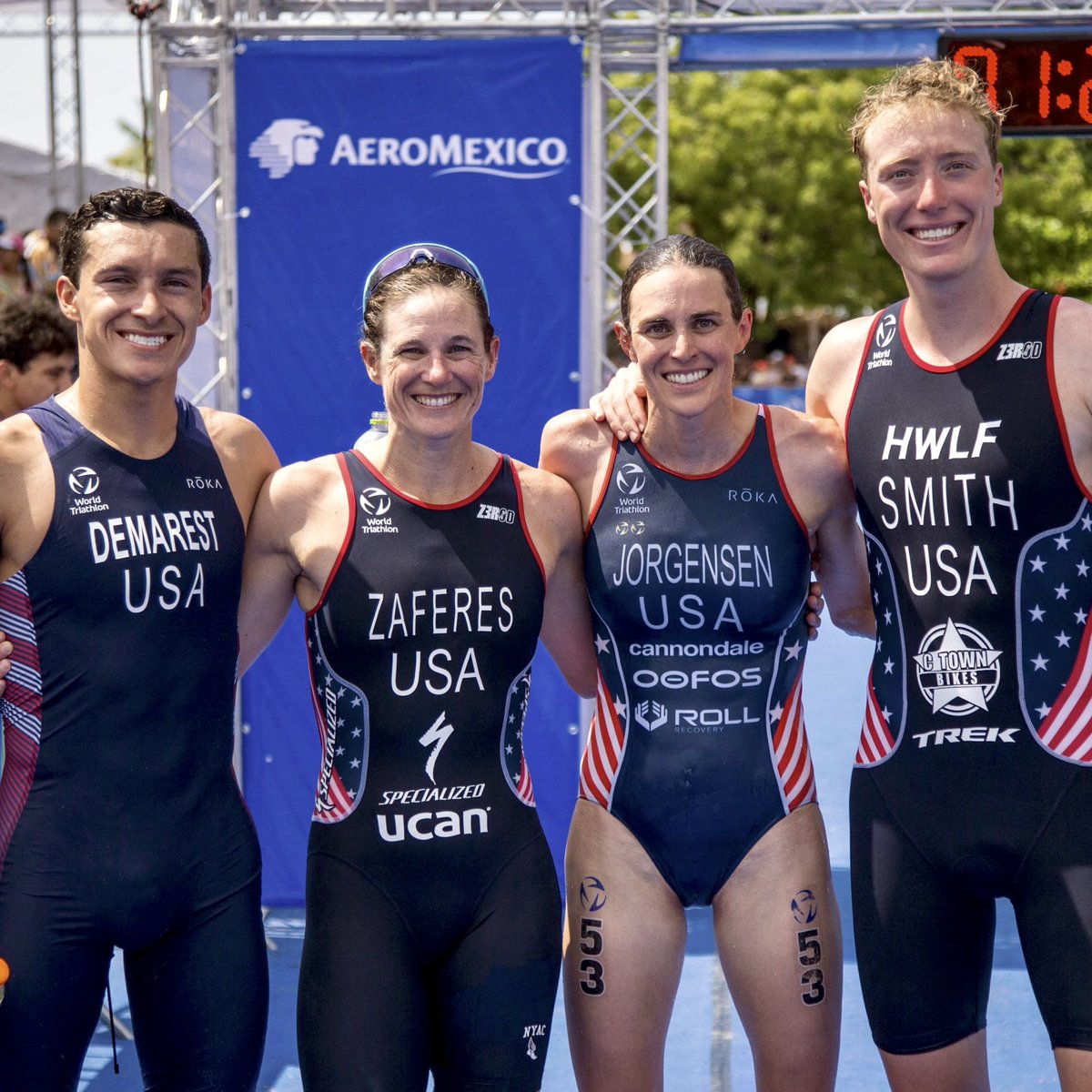 .@TeamUSA is GOLDEN 🤩🥇🇺🇸 The U.S. takes the podium at the 2023 America's Triathlon Mixed Relay Championships. Congratulations to @darrsmith_, @KZaferes6, Brent Demarest, and @gwenjorgensen! #HuatulcoWC