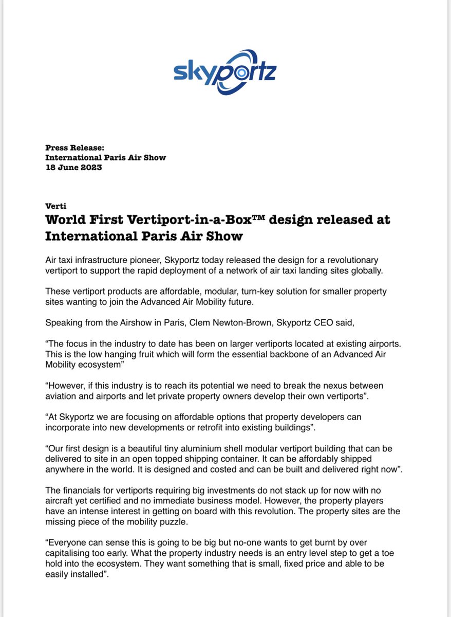 clemnewtonbrown's tweet photo. Release of the Skyportz® modular vertiport at International Paris Air Show today…

If you would like to catch up to discuss our “Vertiport-in-a-Box”(tm) specifications and roll out in your region we will be at the Airshow all week. https://t.co/HYjXeYT1kn