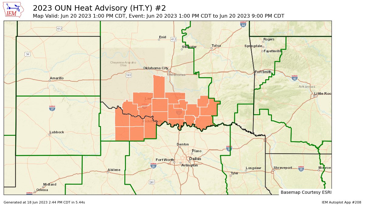 KSstormchasers's tweet photo. OUN issues Heat Advisory valid at Jun 20, 1:00 PM CDT for Jefferson, Love [OK] and Archer, Clay [TX] till Jun 20, 9:00 PM CDT https://t.co/WRIGw1FRDB https://t.co/hpdcsxbkcy