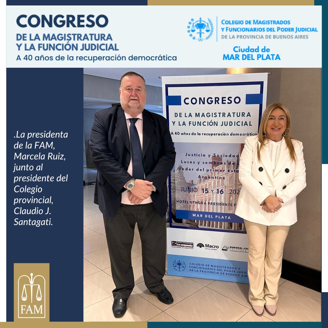 FAMyFJ's tweet photo. •Los días 15 y 16 de junio la presidenta de la FAM @machiruiztuc estuvo presente en el CONGRESO de la MAGISTRATURA y la FUNCIÓN JUDICIAL: A 40 años de la recuperación democrática•Justicia y sociedad; luces y sombras de un poder del primer Estado argentino del CMFBSAS• https://t.co/ylWaJtW19T