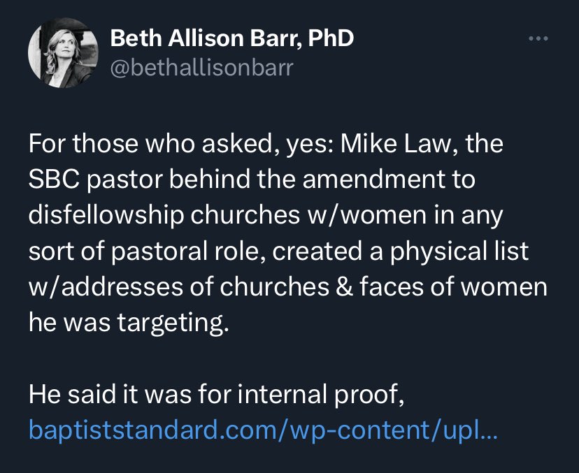 Making a public list doxxing and targeting women and churches with whom you have doctrinal disagreements is the opposite of both Baptist polity and godly male headship. It shouldn’t take the women in laity to say so. But here we are.