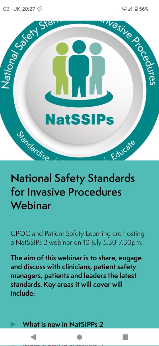 For ALL staff (Drs/AHPs/etc) involved in any interventions.
FREE webinar: new National Safety Standards for Invasive Procedures = NatSSIPs2 = old WHO.
This culture/technique transforms patient safety &amp; team-working
Webinar 5.30-7.30pm Mon 10July BOOK here: cpoc.org.uk/events/nationa…