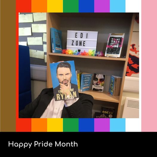 WSClibrary's tweet photo. Its PRIDE month &amp; here's our celeb #bookface of Rylan getting comfy in our EDI Zone for #bookfacefriday.

The Library has a great collection of resources based here on LGBTQIA+ Stories, issues &amp; advice. 
Image created on Canva.

#pride🌈 #pridemonth
 @westsuffolkcollege #EDI https://t.co/OMcH590qB8